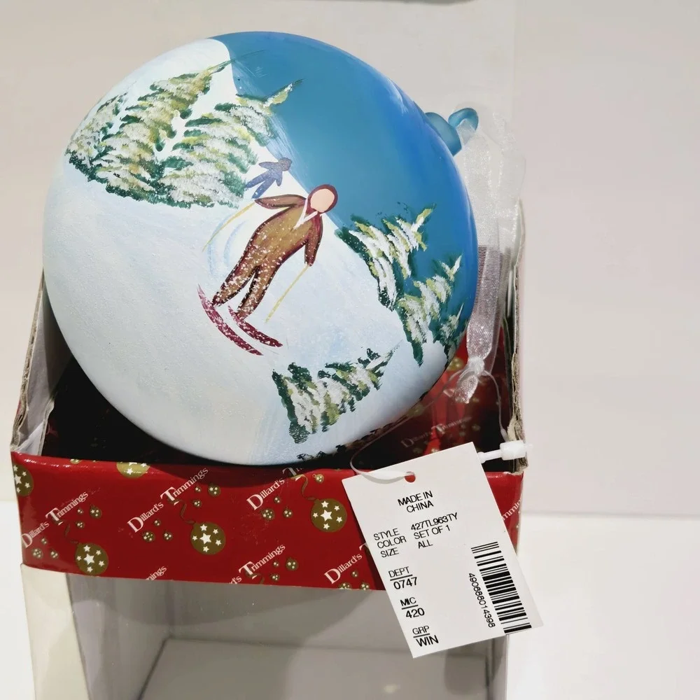 Vintage Dillard's Trimmings Ski Skiing Glass Ball Ornament Blue 4